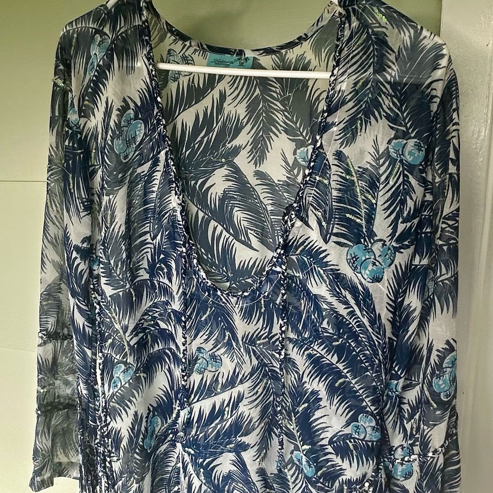 Letarte Sheer Swim cover Blue and White with beading and tassels